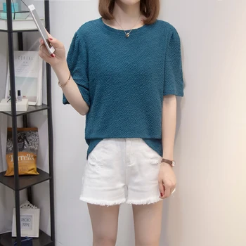 Nkandby Plus Dimensiunii Vară pentru Femei T-shirt 2021 Moda Vrac Tricotate Puff Maneca Stil coreean Tricou de Culoare Solidă de sex Feminin 100kg Topuri