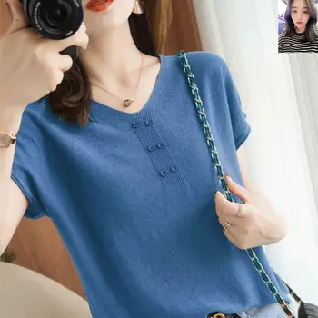 Vara 2021 Noua Bluza pentru Femei V-neck Matase de Gheață Tricotate cu Maneci Scurte Tricou de Bumbac Liber Casual Office Lady Îmbrăcăminte Blusa 14660