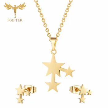 FGifter Aur, Bijuterii din Oțel Inoxidabil Set de Trei Stele Cercei Stud Colier Femei Casual Bijuterii Cercei Colier