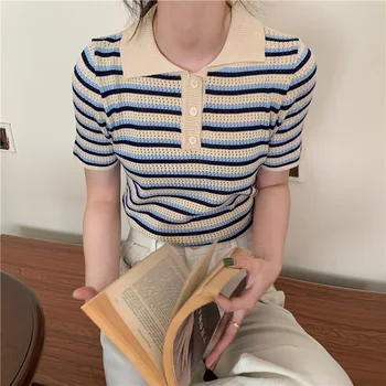 Coreeană Ulzzang Harajuku BF POLO Neck Cămașă Rever Elegant cu Dungi Pulovere cu Maneci Scurte T-Shirt Femei de Vară Liber de Moda Tricot Top
