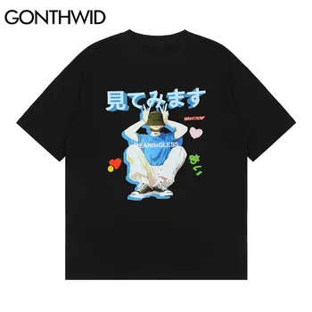 GONTHWID Tricouri Hip Hop Japonez Băiat de Desene animate de Imprimare Tricouri Hip Hop Streetwear Harajuku Casual de Vara Largi, din Bumbac Tricouri Topuri