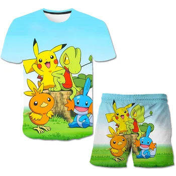 2021 Vara Baieti de Imprimare de Desene animate T-shirt Seturi Teen Fete Anime 3D Pokemon Pikachu Costum Pentru Copii Îmbrăcăminte Topuri Haine pentru Copii