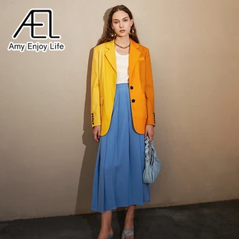 AEL Yellow Blazer Jacket Causal Women Long-Sleeve Loose Coat Color Blocking Fashion Streetwear