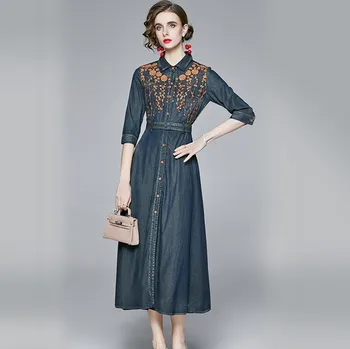 2020 Toamna anului Nou Denim rochii de moda temperament femei rândul său, în jos Maneca Retro Stil Etnic Brodate rochie