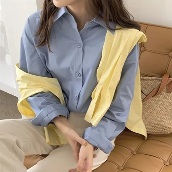 2021 Toamna Noi Femeile Solid Supradimensionat de Turn-Down Guler Cămașă Albă Butonul de Sus Maneca Lunga Bluza Casual BF Stil coreean Topuri T5010