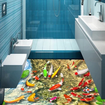 Etaj Personalizat Autocolant Realist Iaz Koi Pește De Înot Acasă Decorare Podea Murală