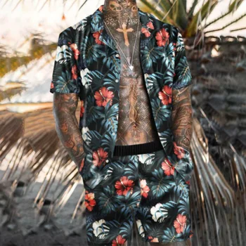 Bărbați 2 Bucati Set Hawaiian, Flori Tricouri +pantaloni Scurți de Plajă de Vară 2021 Mens de Moda Casual Liber Maneca Scurta Vacanță de Costume Masculine