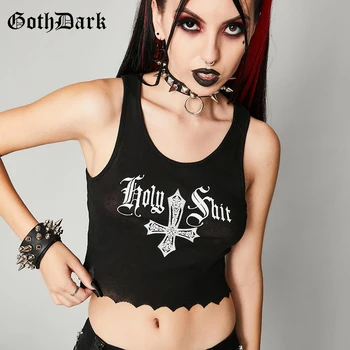 Goth Întuneric Punk Gotice Estetice Grunge Negru Topuri Rezervor Mall Goth Femeile Alt Haine Emo Tricot Topuri De Cultură Grafic De Imprimare Streetwear