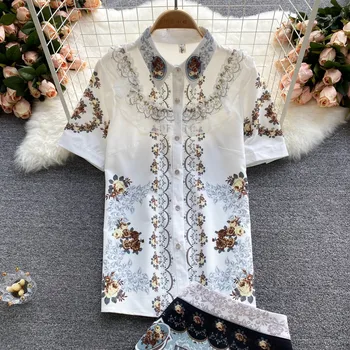 ALPHALMODA 2021 Vara Noi de Epocă Florale Panttern Printe Tricou + Fusta 2 buc Costum Femei Celebritate Stil de Haine Set