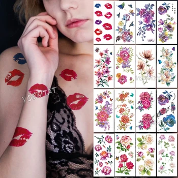 Trandafir rosu pe Buze Body Art Impermeabil Tatuaj Fals Flori Pentru Femei Flash transfer de Apă Temporare Tatuaj Autocolante