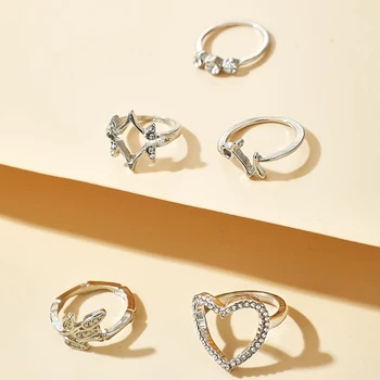 HuaTang 5pcs/set Trendy Inima de Cristal Set Inele pentru Femei Geometrice Argint Frunze de Culoare Inel de Ciolan de Partid Femei Bijuterii Anillos