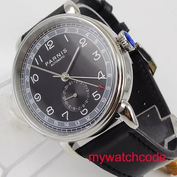 42mm Parnis cadran negru curea din piele carcasa din otel inoxidabil ecran de 24 de ore GMT Automatic bărbați ceas Relogio Masculino