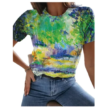 S-3XL Femei Peisaj Natural de Floarea-soarelui Print T Shirt de Vară pe Plajă Plus Dimensiune Topuri de Moda Doamnelor O-Gat Maneci Scurte Tee Haine