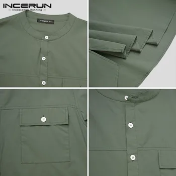 Agrement Butonul Bluza de Vara Omul de Bumbac Confortabil Topuri INCERUN Vintage de Culoare Solidă Camasi Barbati Maneca Scurta Guler de Stand Camisa 5XL 7