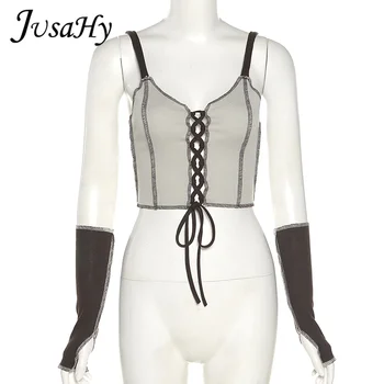 JuSaHy Y2K Casual de Vara Mozaic Rib Tricotat Bandaj Bretele cu Mănuși pentru Femei Club Streetwear Slim Stretch Top Trunchiate