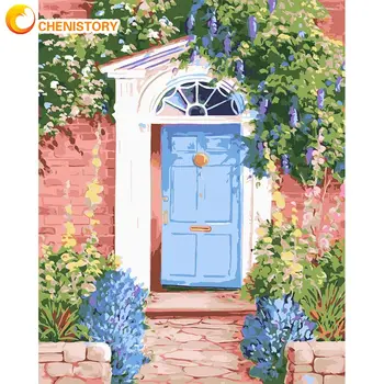 CHENISTORY 60x75cm Încadrată Ușă Albastră Cu Flori, Pictura in Ulei De Numere Kituri Pentru Adulți Manual Diy Încadrată Pe Canvas Decor