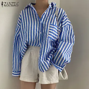 Femei Vara Rever Maneca Lunga Tricou cu Dungi ZANZEA Moda Casual Bluza Print Butoane Blusas de sex Feminin Supradimensionat Topuri Tunica Mujer