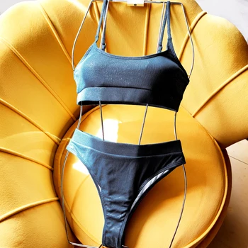 Strălucitoare Bikini Tanga Cu Nervuri Swumsuit Femeie Bikini Brazilian Costum De Baie Femei 2 Seturi De Piese De Moda Pentru Femei De Talie Mare De Costume De Baie