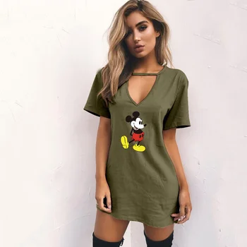 Disney Mickey Mouse print V-neck femei rochie de vara noua moda gol sexy rochii pentru femei 2021 maneci Scurte