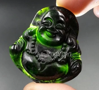 2 buc Costum Negru Natural Piatra Verde Yu Sculptate Chineză Buddha vesel Norocos Amuleta Pandantiv + Frânghie Colier Bijuterii Fine