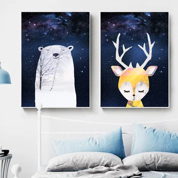 Urs, Iepure, Vulpe, Cerb Înstelat Cerul De Arta De Perete Panza Pictura Desene Animate Nordic Postere Si Printuri De Perete Imaginea De Fată Băiat Decor Camera Pentru Copii