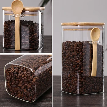 Pătrat de Sticlă Etanș Borcan de boabe de Cafea Ceai Sigiliu Cutie de Depozitare Bucătărie Provizii de Hrana Uscata Organizator Cutie cu Lingura de Lemn