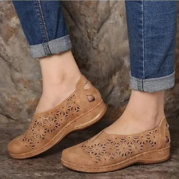 Retro PU Femei Pantofi Gol Femeie Mocasini Respirabil Moccosins Fund Moale Doamnelor Pană Superficial Pantofi pentru Femeie Încălțăminte de Vară