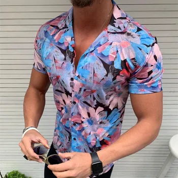 Bărbați Rever Imprimare Florale rochie Scurta Casual cu Maneci Tricou de Moda Floare Trandafir 3D Imprimate V Neck Slim Fit Shirt Cămașă Hawaiană