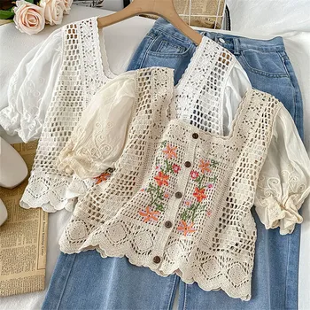 Scur Puff Maneca Designer Tricou Femei Broderii Florale Bluza Eleganta Coreean Elegant Dantela Bluze Tricotate Culturilor Sus