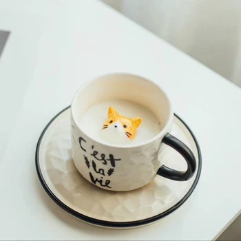 Pisica drăguț ceasca si farfurie pentru Cafea creative mic Dejun cana Ceramica Acasă Coffeeware suc de desene animate lapte Cana pentru ceai iubitor de cadou