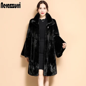 Nerazzurri Iarna neagra plisata faux blana haina lunga de semnalizare maneca stand guler Inconjurat moale pufos sacou Moda coreeană 2021