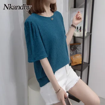 Nkandby Plus Dimensiunii Vară pentru Femei T-shirt 2021 Moda Vrac Tricotate Puff Maneca Stil coreean Tricou de Culoare Solidă de sex Feminin 100kg Topuri