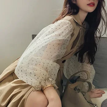 Trench Femei Mozaic De Agrement Elegant Moale Chic Stil Coreean Populare De Epocă Ochiuri Maneca Felinar Design De Maneca Toamna Bază Ins