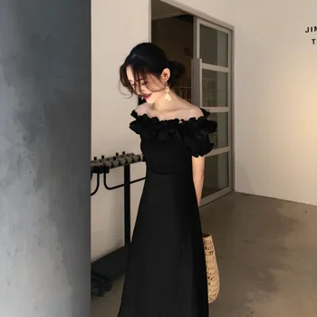 Vara noi coreeană stil de Îmbrăcăminte pentru Femei de brand de moda rochie eleganta slash gât, pe umăr Spatele gol rochii lungi galben