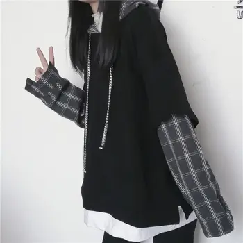 Deeptown cu Dungi Tricou pentru Femei Negru Stil Gotic Hanorac Mozaic Grunge Maneca Lunga Carouri Pulovere coreean 2021 Moda