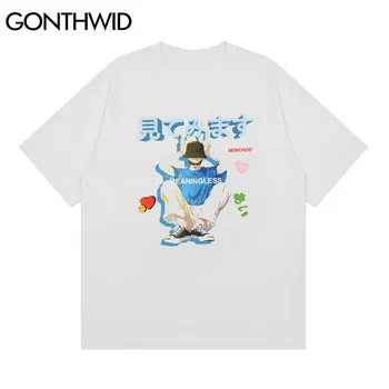 GONTHWID Tricouri Hip Hop Japonez Băiat de Desene animate de Imprimare Tricouri Hip Hop Streetwear Harajuku Casual de Vara Largi, din Bumbac Tricouri Topuri