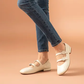 BeauToday Femei Mary Jane Pantofi de piele de Oaie Deget de la picior Pătrat Balet Apartamente cu două Catarame de Design Doamnelor Alunecare Pe Manual 18227