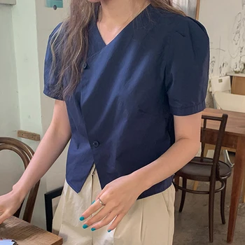 Korejpaa Femei Cămașă De Vară 2021 Coreean Chic Nișă Design V-Neck Neregulate Butonul Vrac Solid De Culoare All-Meci Puff Maneca Bluza