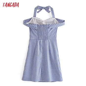 Tangada 2021 Moda Femei Blue Plaid Print Halter Dress fără Mâneci fara Spate Femei Rochie Casual 6M30