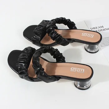 Doamnelor sandale de vară 2021 noi cutat material deget de la picior deschis mid-sandale cu toc, moale și confortabil pantofi de sex feminin, 4.5 cm