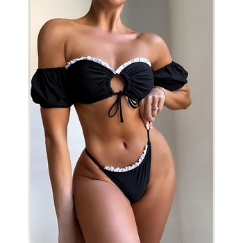 Ciufulit Brazilian Bikini Femei Brand 2021 Pe Umăr Bikini Set Push-Up Bikiny Erotic Costum De Baie Negru De Sex Feminin Set 2 Buc