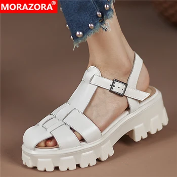MORAZORA Plus Dimensiune 34-41 Piele naturala Sandale Femei Catarama Curea Toc Patrat Tăiate Out Rochie Casual Pantofi de Vara Doamnelor Pantofi