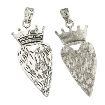 Pandantive pentru barbati femei diy coliere coarda inima mare coroana de argint moda bijuterii retro componente suspensie furnizor de 92mm 2 buc