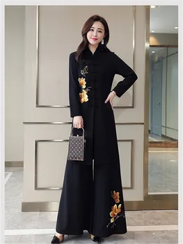 Chineză Stil Două Piese Set De Femei De Moda Naționale Brodate Pantaloni Largi Picior De Îmbrăcăminte De Epocă Plus Dimensiune Costum Conjuntos De Mujer