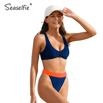 SEASELFIE O-ring Talie Mare Bikini Set pentru Femei costum de Baie Sport High Cut Bikini Două Bucăți 2021 Plaja Costum de baie, Costume de baie