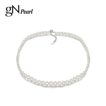 GN Pearl Oval Perla Cravată Colier 3-3.5 mm Naturale, Perle de apă Dulce Lanț gNPearl Bine Bijuterie pentru Femei, Cadou de Nunta