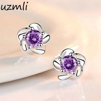 Simplu Argint 925 Femeie Moda Bijuterii De Înaltă Calitate Plum Blossom Violet Cristal Zircon Floare Retro Cercei Stud