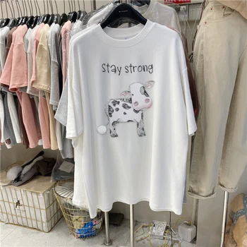 Stil Coreean Topuri De Moda Pentru Femei Din Bumbac 2021 Vara Vacă Drăguț Imprimate T-Shirt Cu Maneci Scurte Largi Tricouri 8474
