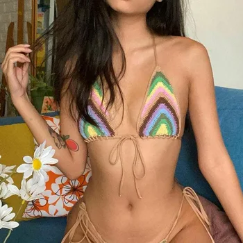 2021 Femei de Vara Sexy Ștreangul de Gât Bikini Close-montaj Înot Topuri Verde Dungă Model Topuri pentru Plajele S/ M/ L/ XL