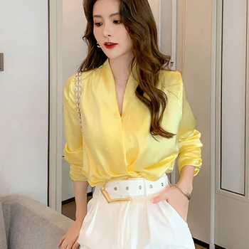 Noua Moda Coreeană Femei Felinar Maneca V Gat Camasa Sexy Femei Bluze Femei Casual Galben, Tricouri Topuri Topuri De Femei Blusas